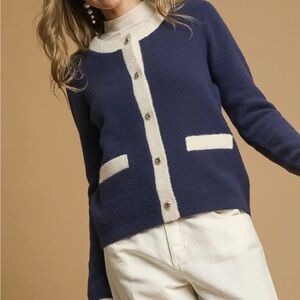 Umgee Navy and Cream Contrast Trim Women's Cardigan Sweater